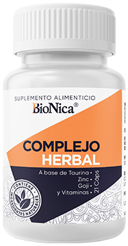 Frasco de Bionica Complejo Herbal, suplemento alimenticio a base de taurina, zinc, goji y vitaminas.